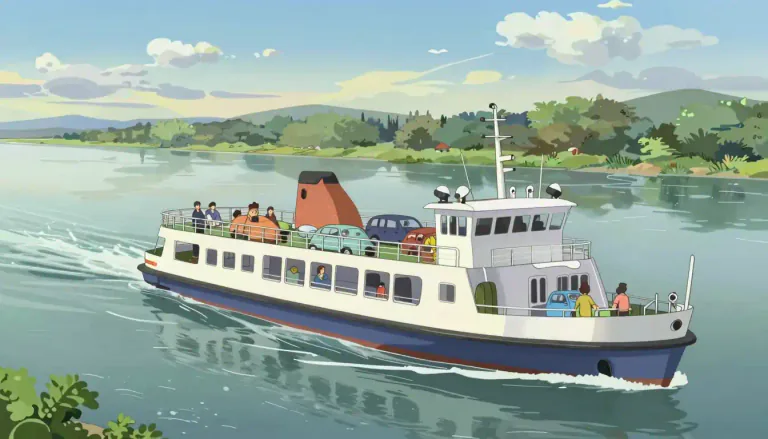 Visual representation of "ferry" - A type of boat that transports people and vehicles across a body of water.