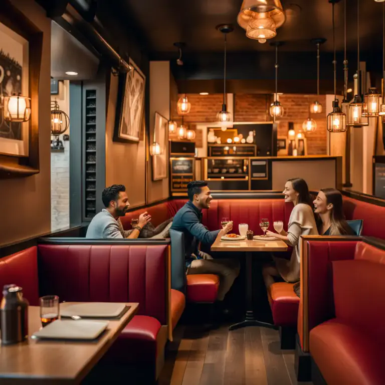 Visual representation of "booth" - A small separated space in a cafe or restaurant where people sit to eat.