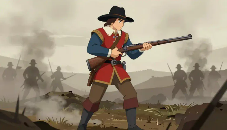 Visual representation of "musketeer" - A soldier who fought with a musket, a type of gun used in the past.