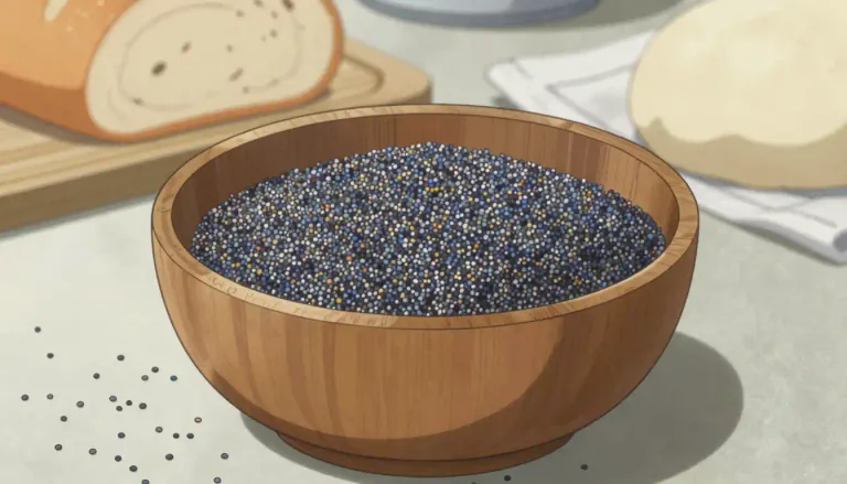 Visual representation of "poppyseed" - The tiny seeds harvested from the opium poppy plant, used in cooking and baking.