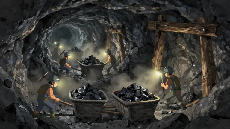 Visual representation of "coalmine" - A coalmine is a deep hole or pit from which coal is extracted.