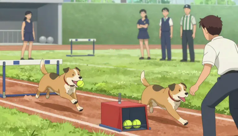 Visual representation of "flyball" - A competitive team sport in which dogs race to retrieve a ball and return it to their handler.