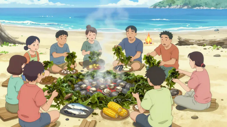 Visual representation of "clambake" - A social gathering at the beach where clams, fish and other foods are cooked and eaten, usually on a layer of heated stones covered by seaweed.