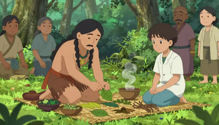 Visual representation of "ethnobotany" - The study of the relationship between people and plants, especially how different cultures use plants for food, medicine, and rituals.