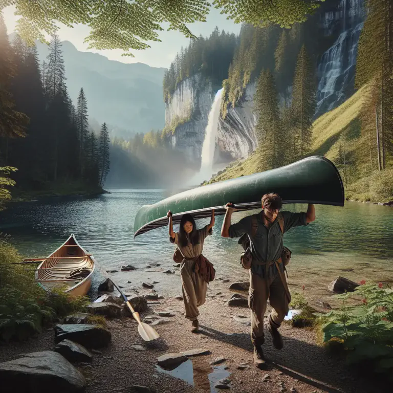 Visual representation of "portage" - To carry a boat or its cargo overland between two water bodies