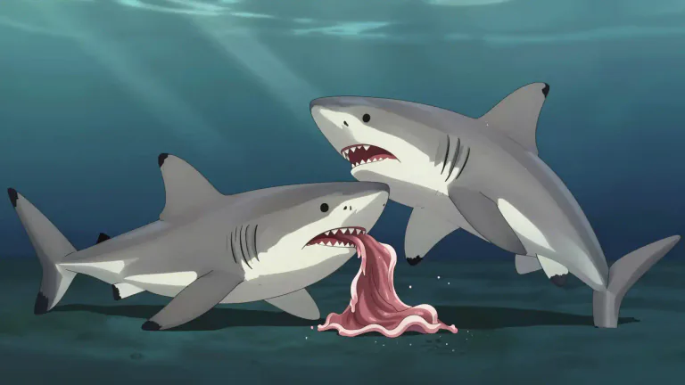 Visual representation of "cannibalistic" - Involving the act of eating the flesh of one's own kind