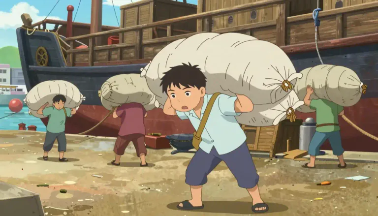 Visual representation of "coolie" - A low-paid worker who carries heavy loads, especially in Asian countries.