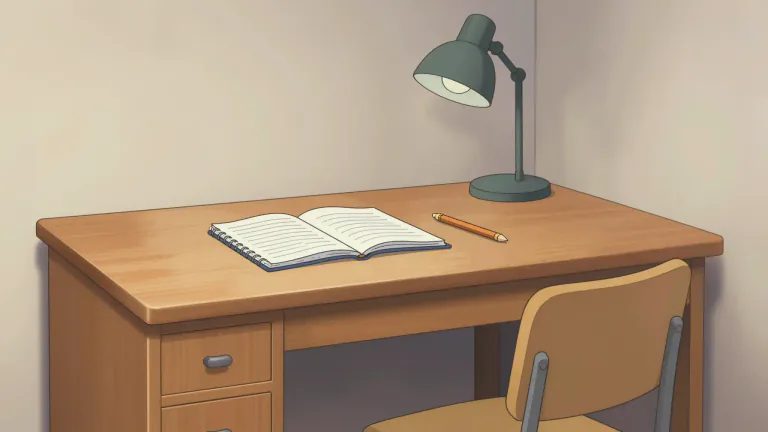Visual representation of "desk" - A piece of furniture with a flat or sloping surface where you can write or work, often with drawers to keep things in.