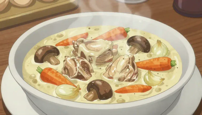 Visual representation of "blanquette" - A French dish that is a creamy stew, often made with veal or chicken and a white sauce.