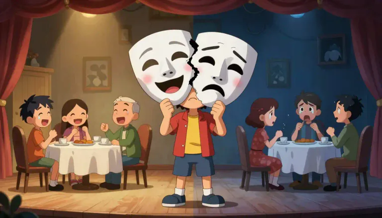 Visual representation of "tragicomedy" - A dramatic work that deals with both serious and light-hearted matters, often involving moral dilemmas.