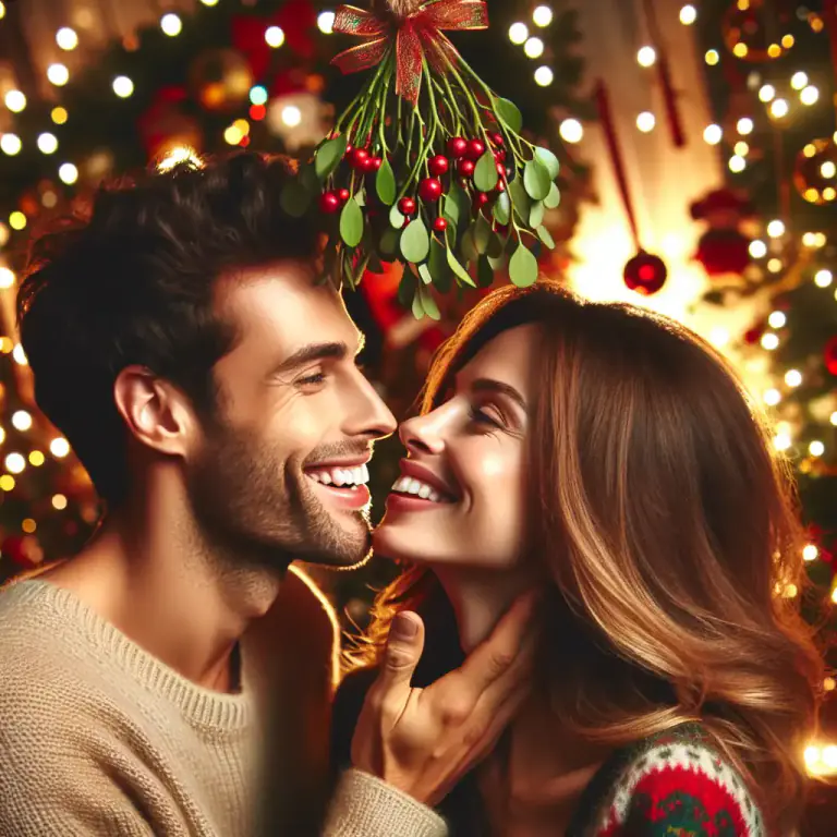 Visual representation of "mistletoe" - A tradition where people kiss under a hanging mistletoe as part of Christmas celebration.