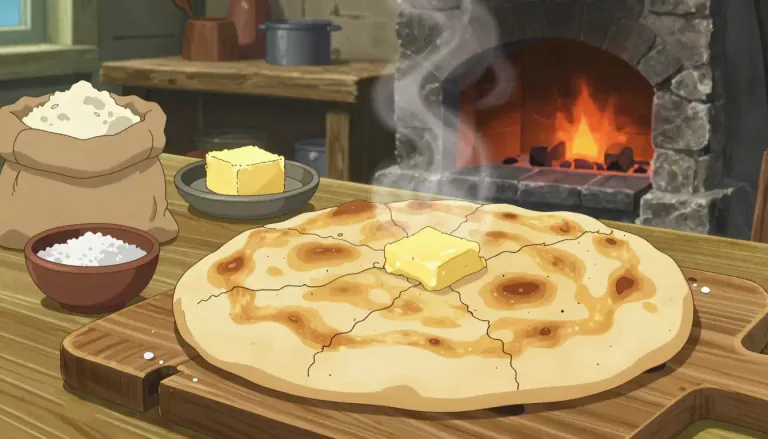 Visual representation of "bannock" - A type of flatbread made with simple ingredients, often cooked over an open flame or baked in an oven, traditionally associated with Scottish cuisine.