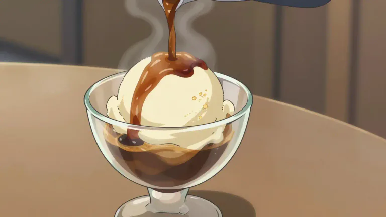 Visual representation of "affogato" - A dessert consisting of a scoop of ice cream or gelato topped with a shot of hot espresso.