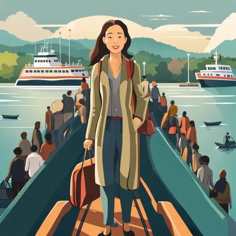 Visual representation of "ferry" - A service provided by boats that regularly move people and vehicles across water.