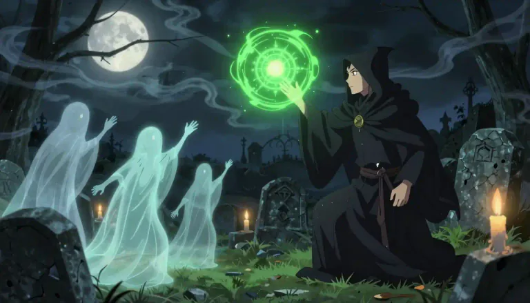 Visual representation of "necromantic" - Related to necromancy or the practice of communicating with the dead.