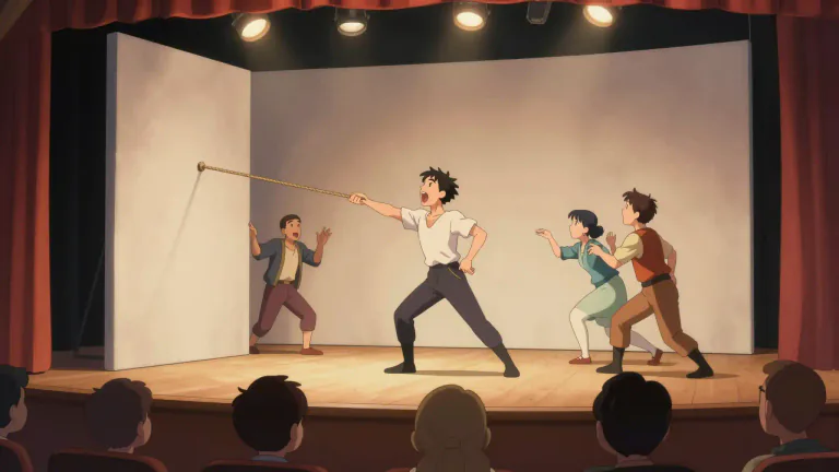 Visual representation of "pantomime" - A type of theater performance where actors use gestures and body movements without words.