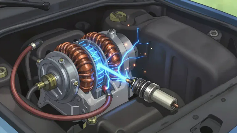 Visual representation of "magneto" - A device in an engine that produces electricity to create a spark