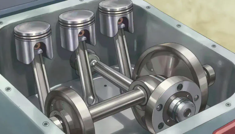 Visual representation of "crankshaft" - A part inside an engine that changes up and down motion into circular motion