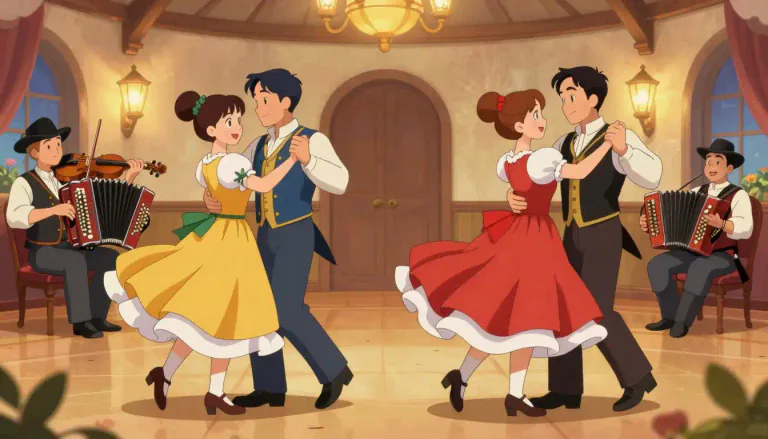 Visual representation of "polka" - A lively dance from the 19th century that was originally from Central Europe, and is often done in pairs. Also refers to the music for this dance.