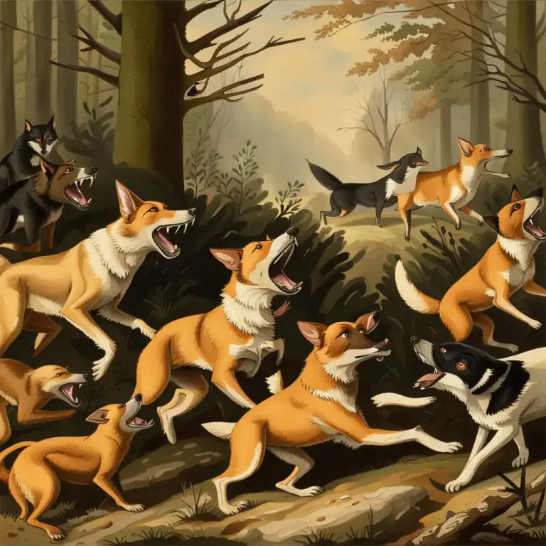 Visual representation of "in full cry" - Actively pursuing or attacking, often used to describe hunting dogs.