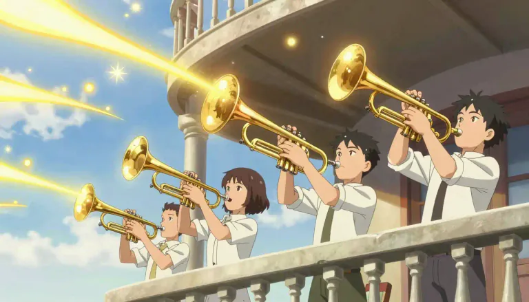 Visual representation of "fanfare" - A short and lively piece of music often played to announce something special or important.