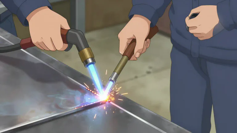 Visual representation of "oxyacetylene" - A type of gas welding process that uses a flame produced by the combustion of oxygen and acetylene to join materials, typically metals.