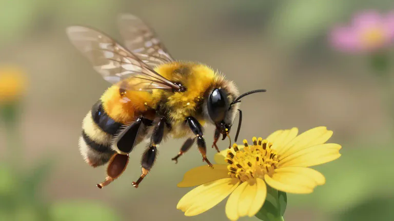 Visual representation of "bumblebee" - A big flying insect that makes a loud noise, has yellow and black stripes, and can sting