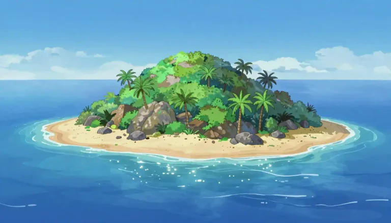 Visual representation of "island" - A piece of land surrounded by water.