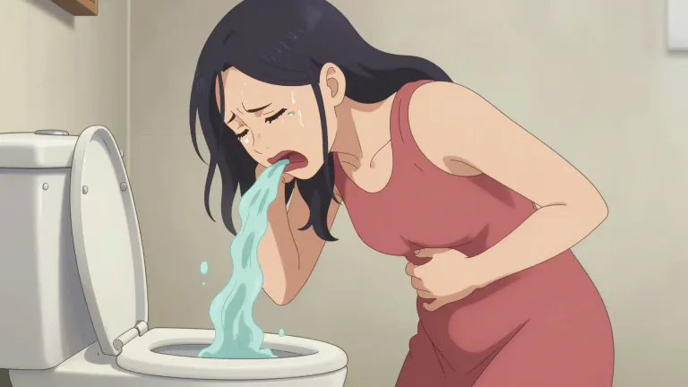 Visual representation of "vomit" - to throw up food from the stomach through the mouth
