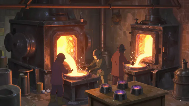Visual representation of "foundry" - A factory where metals are melted and shaped into different objects