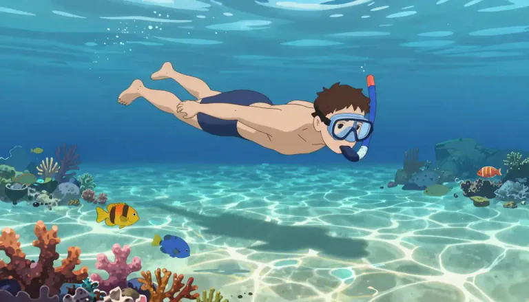 Visual representation of "snorkel" - To swim while using a snorkel to breathe, typically peering beneath the water's surface.