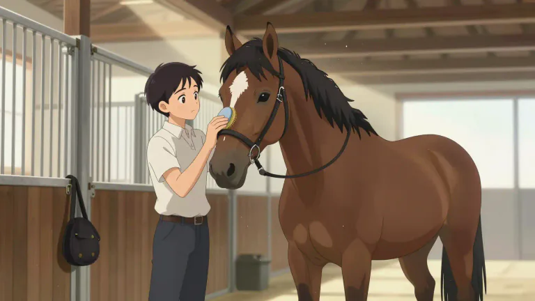 Visual representation of "curry" - To clean, groom or take care of a horse with a comb or other tool