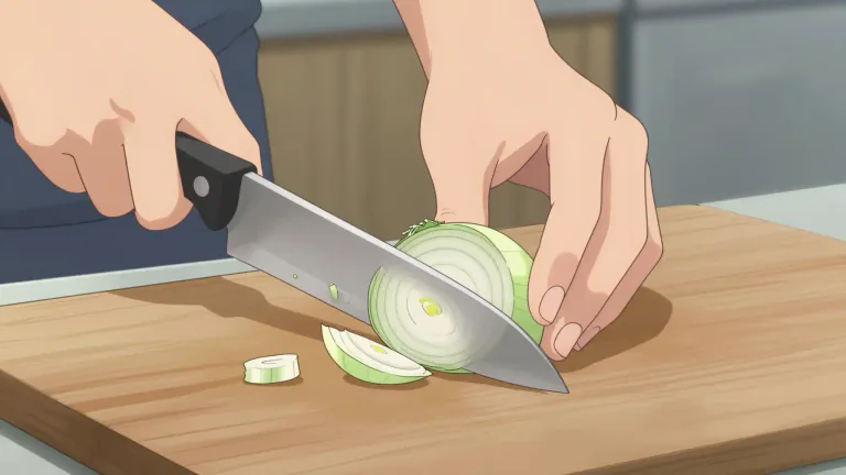 Visual representation of "chop" - To cut into pieces with a sharp tool like a knife