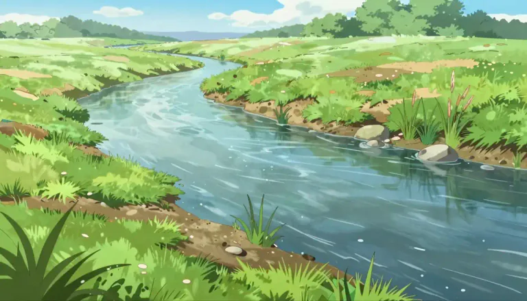 Visual representation of "riverbank" - The land at the edge of a river.