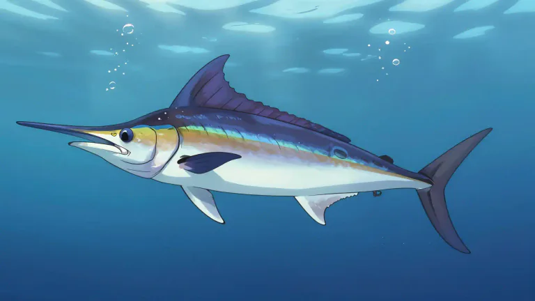 Visual representation of "marlin" - A big fish found in the ocean that has a pointed nose or 'bill'. People often catch it for sport or food.