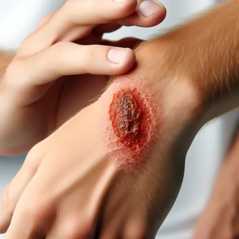 Visual representation of "scab" - To form a scab or become covered by a scab.