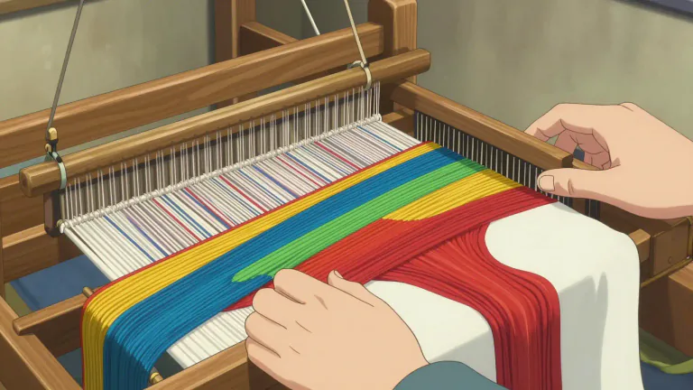 Visual representation of "weave" - To make (cloth) by interlacing the threads of the weft and the warp on a loom.