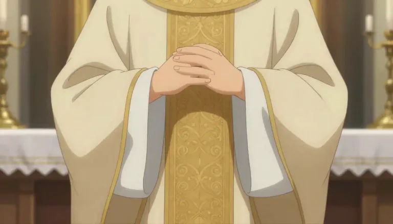 Visual representation of "chasuble" - A long, sleeveless vestment worn by a priest when saying Mass.
