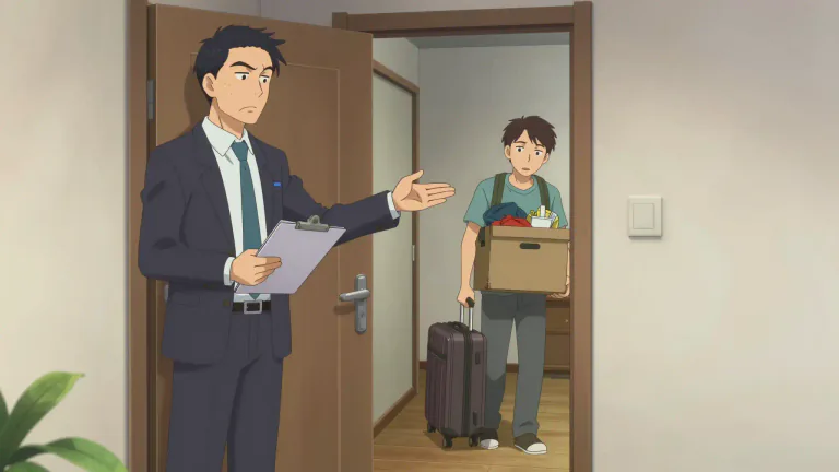 Visual representation of "evict" - To force someone to leave a place, especially a house or apartment, usually due to breaking rules or not paying rent.