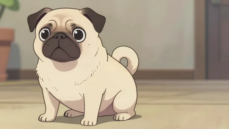 Visual representation of "pug" - A kind of small dog that has a wrinkled face, short legs, and a curled tail