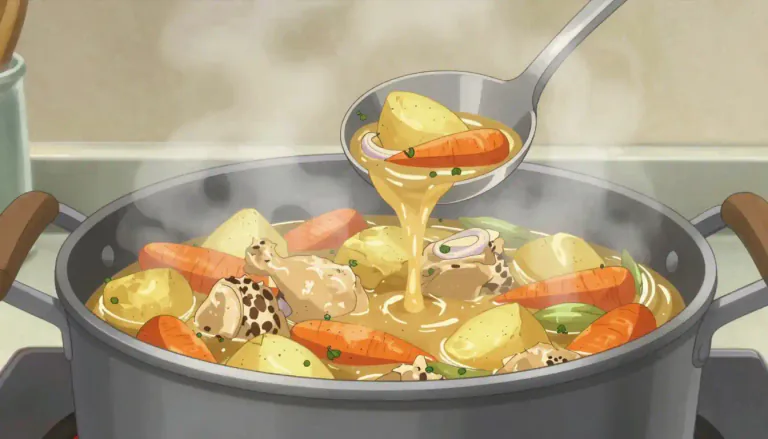 Visual representation of "stew" - A type of food, often a mixture of vegetables and meat or fish, cooked slowly in a liquid.