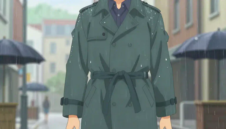 Visual representation of "trenchcoat" - A long, waterproof coat with a belt, commonly worn in rainy weather.
