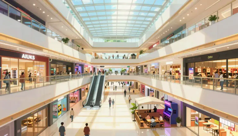 Visual representation of "mall" - A large enclosed building with many shops, also a place for entertainment