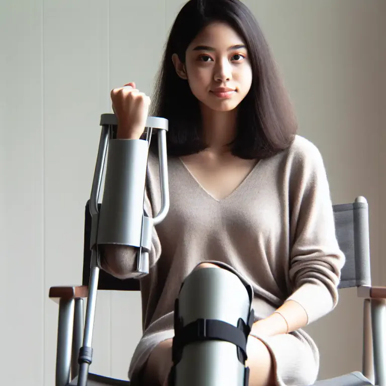 Visual representation of "brace" - A metal support for a person's arm or leg.