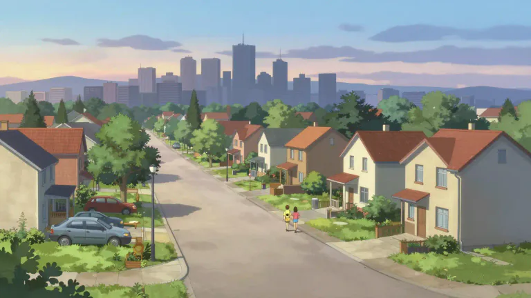 Visual representation of "suburban" - Relating to a suburb, an area close to a city but more quiet and often where families live.