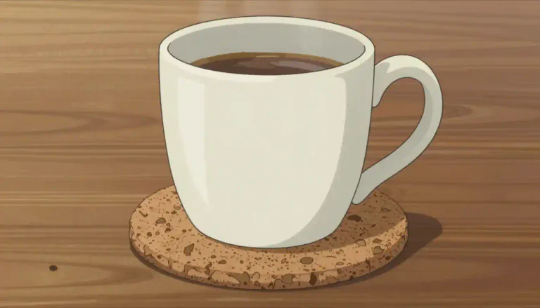 Visual representation of "coaster" - A small flat object often made of cork or plastic, that you put a cup or glass on to protect the surface of a table.