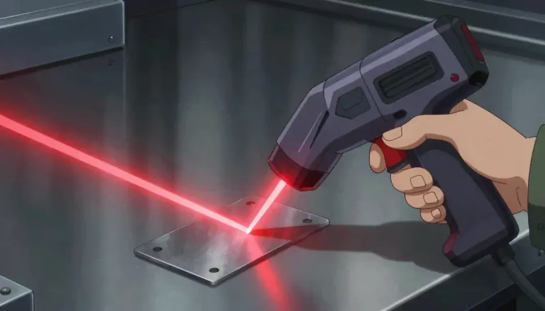 Visual representation of "laser" - A device that produces a very thin, very bright beam of light.