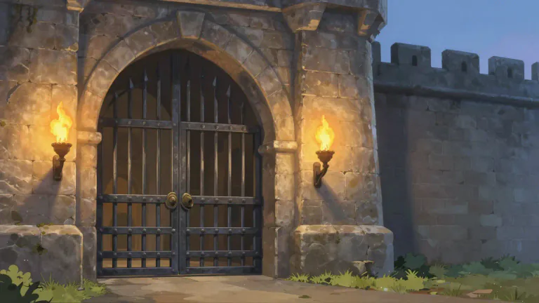 Visual representation of "portcullis" - A strong vertical gate that can be lowered or lifted, usually made of metal, used in old castles for protection.