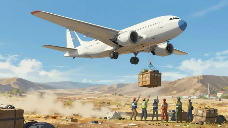 Visual representation of "airdrop" - A method to deliver items from an aircraft to the ground, often used for humanitarian aid or military supplies.