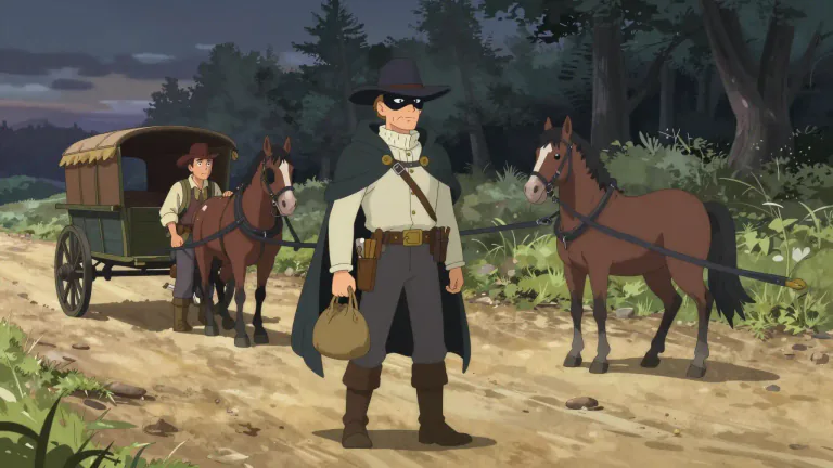 Visual representation of "highwayman" - A man who used to steal from travelers on a road long time ago